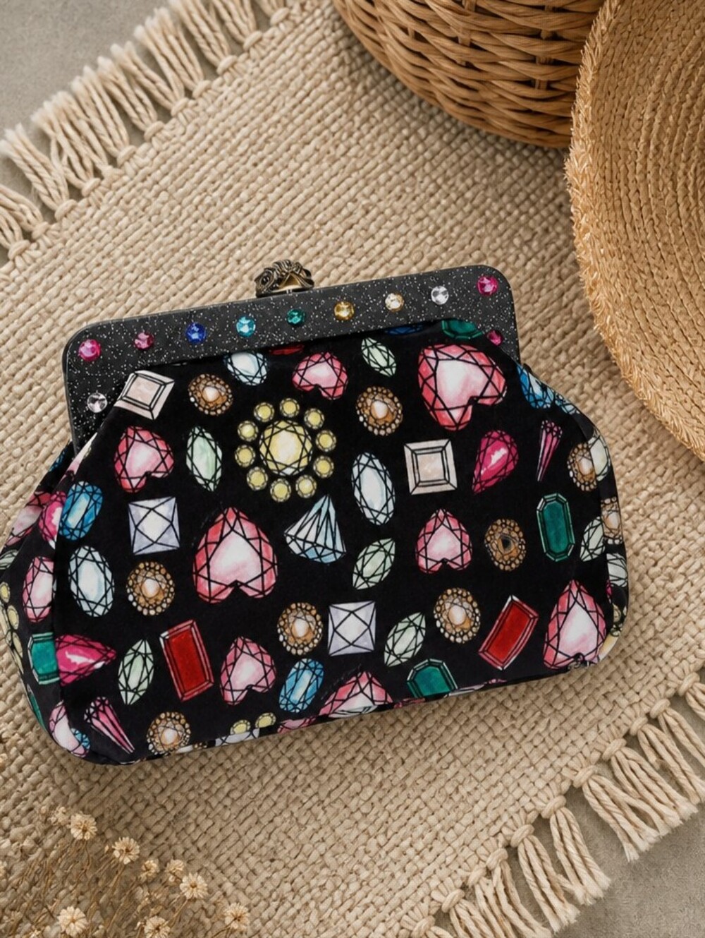 Kurt Geiger Black Gem-Print Evening Clutch with Gold Chain